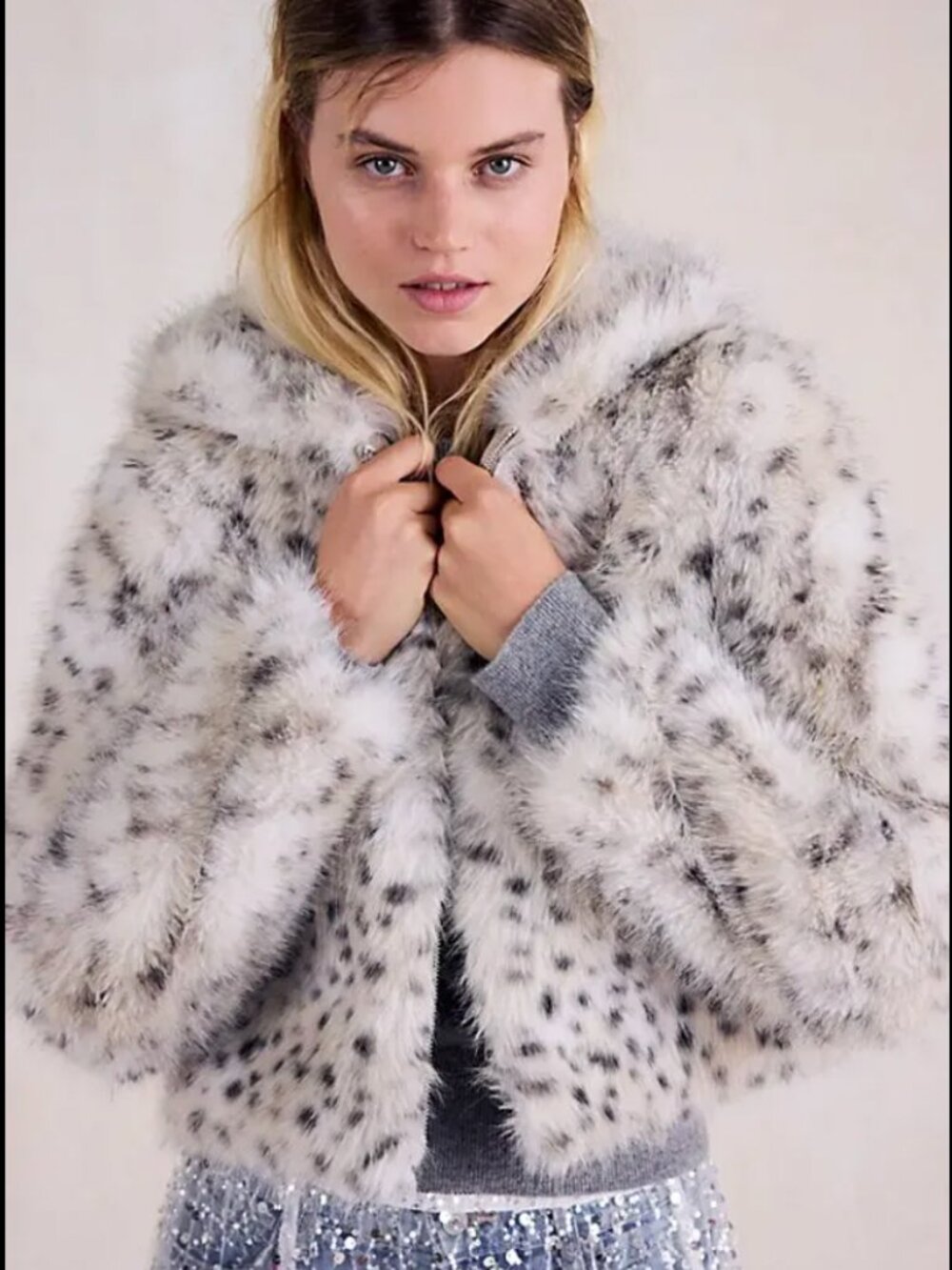 Free People “Louder Please” Snow Leopard Hooded Faux Fur Jacket